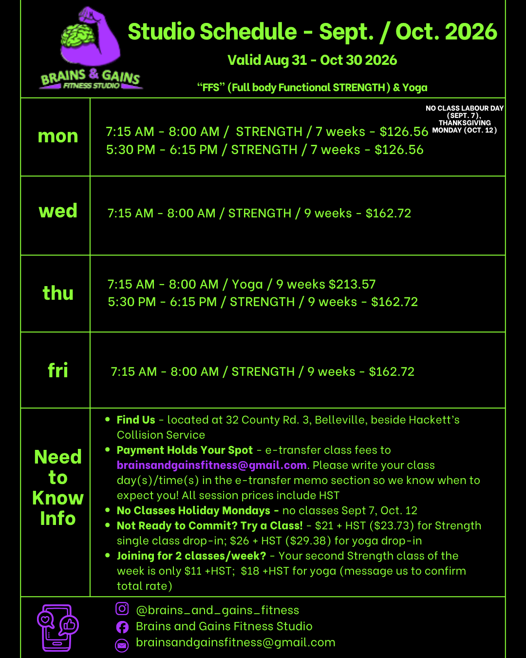 Brains & Gains Fitness Studio Belleville September October 2026 group fitness class schedule